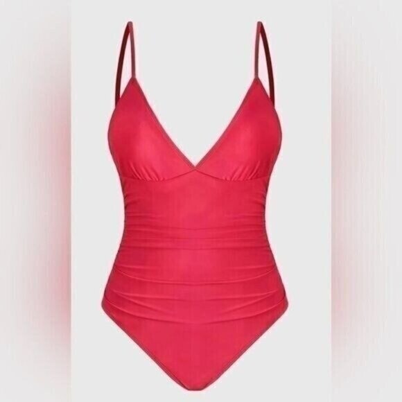 Cupshe Women’s One Piece Swimsuit Medium Pink V-Neck Ruched High Cut Adjustable - Picture 5 of 9